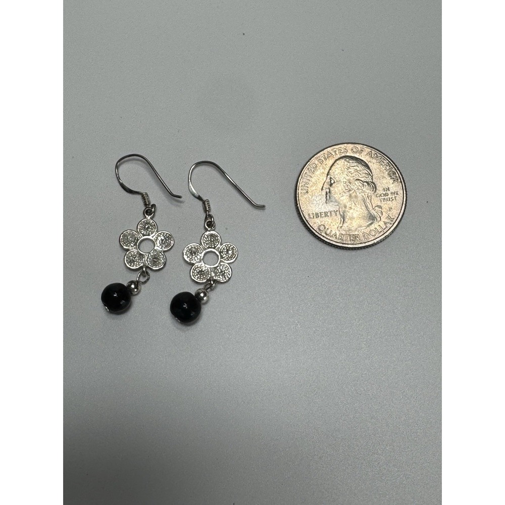 Vintage Silver Tone Dangle Flower Earrings With Black Beads Boho 925 Stud